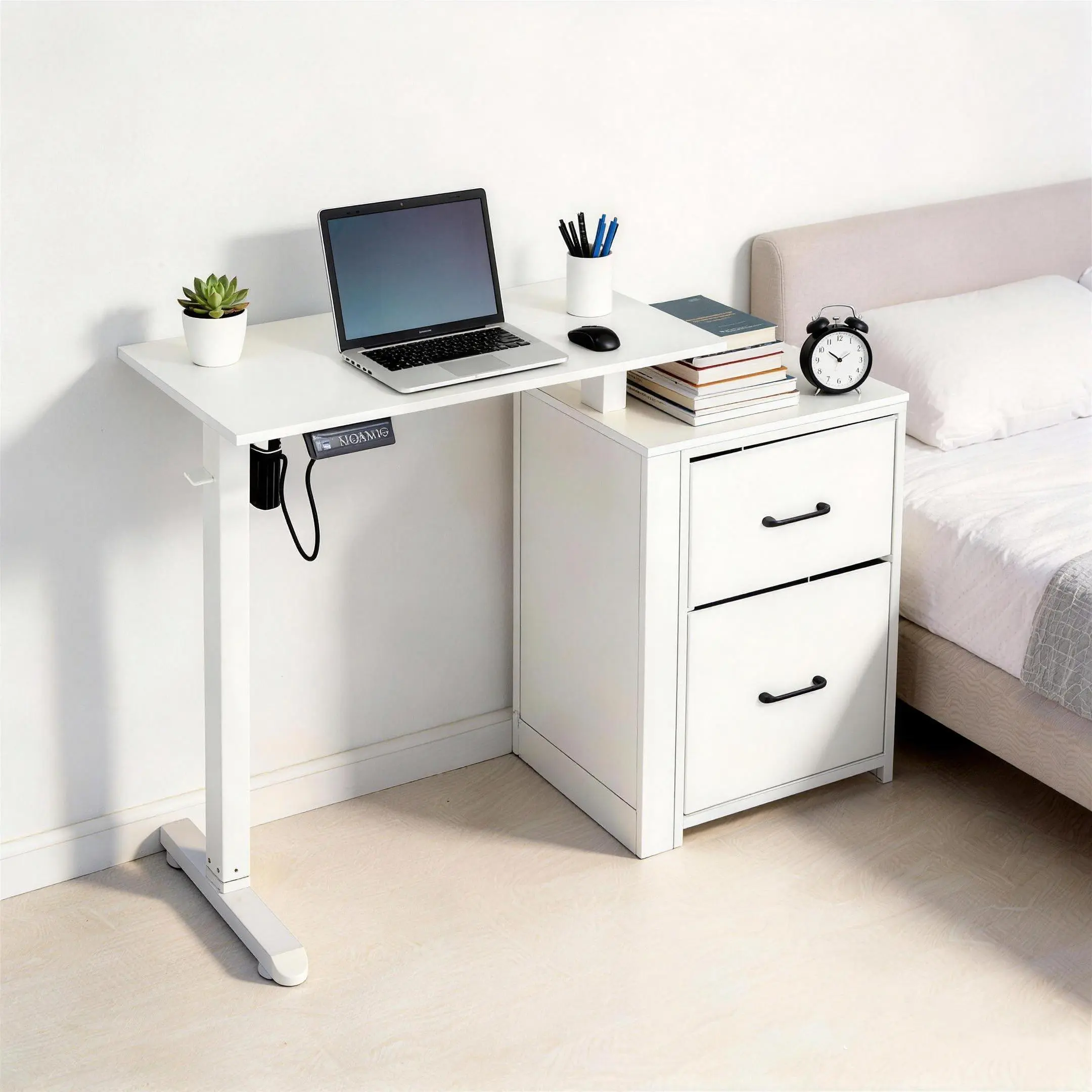 Electric Height Adjustable Standing Desk, Ergonomic Sit Stand Computer Desk with Dual Storage Drawers and Hook, Space Saving Home Office Desk for Small Spaces