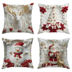 This 4-piece Christmas-themed pillowcase set features 2D flat-printed, embroidery-like patterns—Santa Claus, snowmen, reindeer, and Christmas trees—making it an ideal choice for holiday living room decoration. (Single-sided print, no pillow insert)