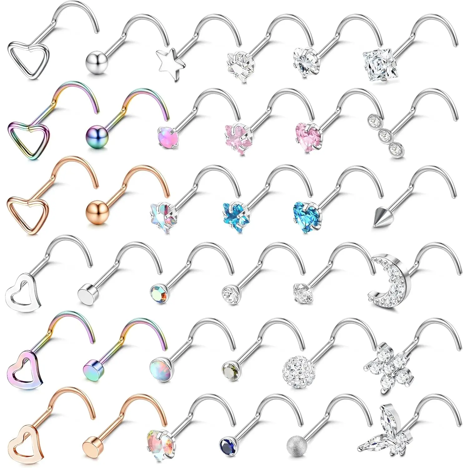 MILACOLATO Women's 36PCS 20G 316L Stainless Steel Nose Ring Set, Nose Ring Jewelry with Geometric CZ Accents, Heart L-Shaped/Screw Silver Nostril Piercing Body Jewelry for Women, Christmas, Casual, Nose Piercings