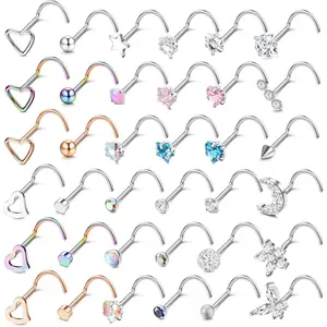 MILACOLATO 20G Nose Stud Ring 316L Stainless Steel Nose Piercing CZ Diamond Heart L Shaped/Screw Silver Nose Studs for Women 36PCS Nostril Piercing Jewellery Nose Studs