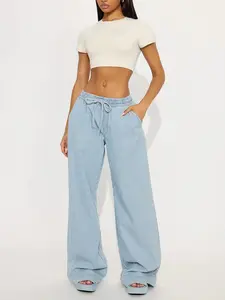 Tall Seawalk Striped Pull On Wide Leg Jeans - Light Blue