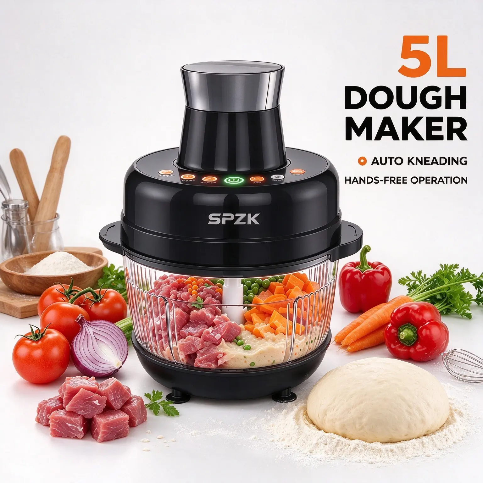 SPZK 500W Full-Size Food Processor - US Registered Professional Kitchen Appliance, 5QT Capacity, Auto Presets, 6 Precision Modes, Glass Bowl, Meat Grinder, Vegetable Chopper, Dough Kneader, Multiple Speed Settings, 5 Qt Capacity, 500W Power