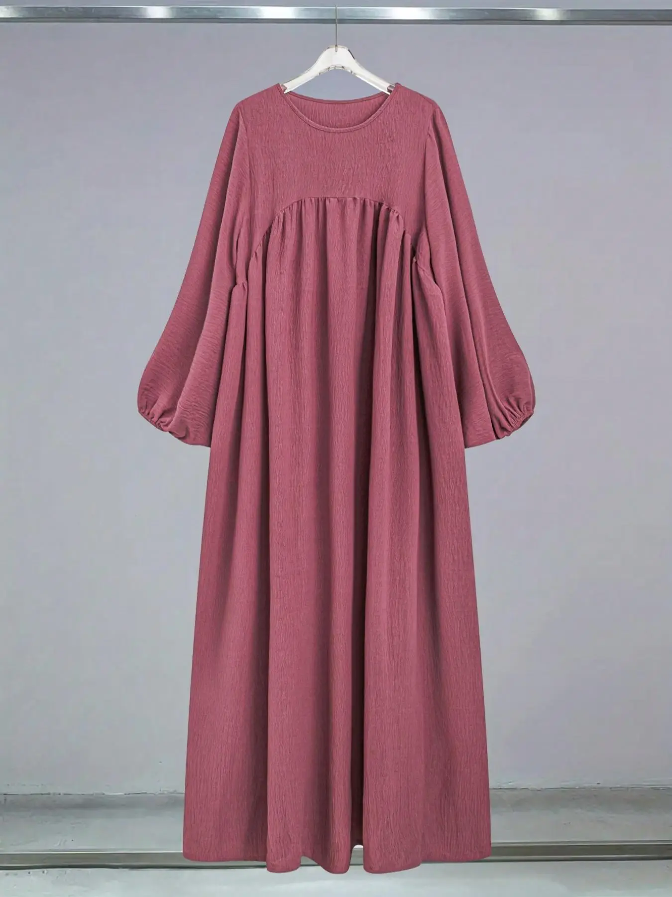 Women's Plain Round Neck Lantern Sleeve Arabian Dress, Casual Modest Long Dress, Women's Islamic Clothing for All Seasons Daily Wear