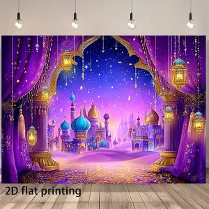 1PC,2D Flat Arabian Night Aladdin Castle Backdrop, Purple Starry Sky Magic Palace Photography Background, Children's Birthday Party Decor, Festival Event Shooting Backdrop, Fairy Tale Scene Decor Cu