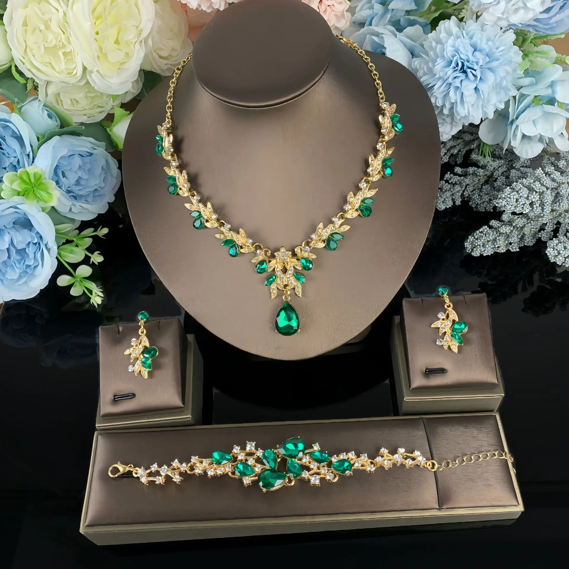 4-Piece Hypoallergenic Sparkling Crystal Luxury Jewelry Set, Bling Combo Emerald Gold-Colored Stylish Necklace & Drop Earrings for Evening Events, Bling Jewelry Sets, Combo Jewelry Sets