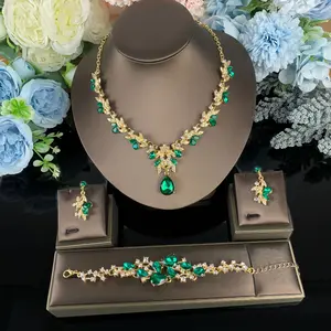 2-Piece Hypoallergenic Sparkling Crystal Luxury Jewelry Set, Bling Combo Emerald Gold-Colored Stylish Necklace & Drop Earrings for Evening Events, Bling Jewelry Sets, Combo Jewelry Sets