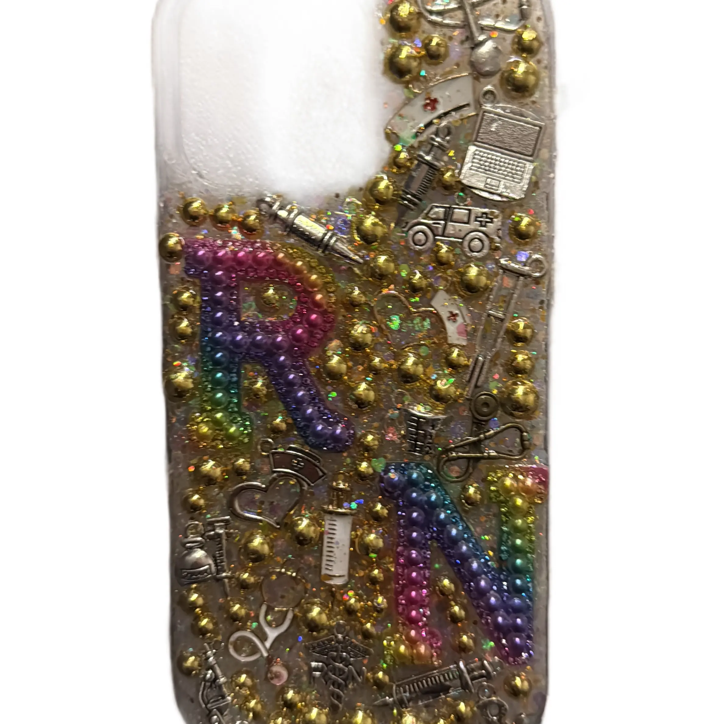 Freestyle BLING Nursing Theme Junk iPhone Case - Colorful Design with Various Icons & Accessories, Customizable for Zodiac Signs and Nicknames