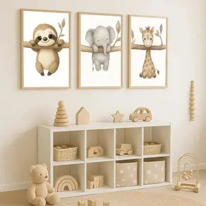 Full Set 1/3pcs Cute Animal Wall Art Poster Elephant & Giraffe Nursery Prints for Kids Room, Bedroom or Living Room Decor Gift Poster