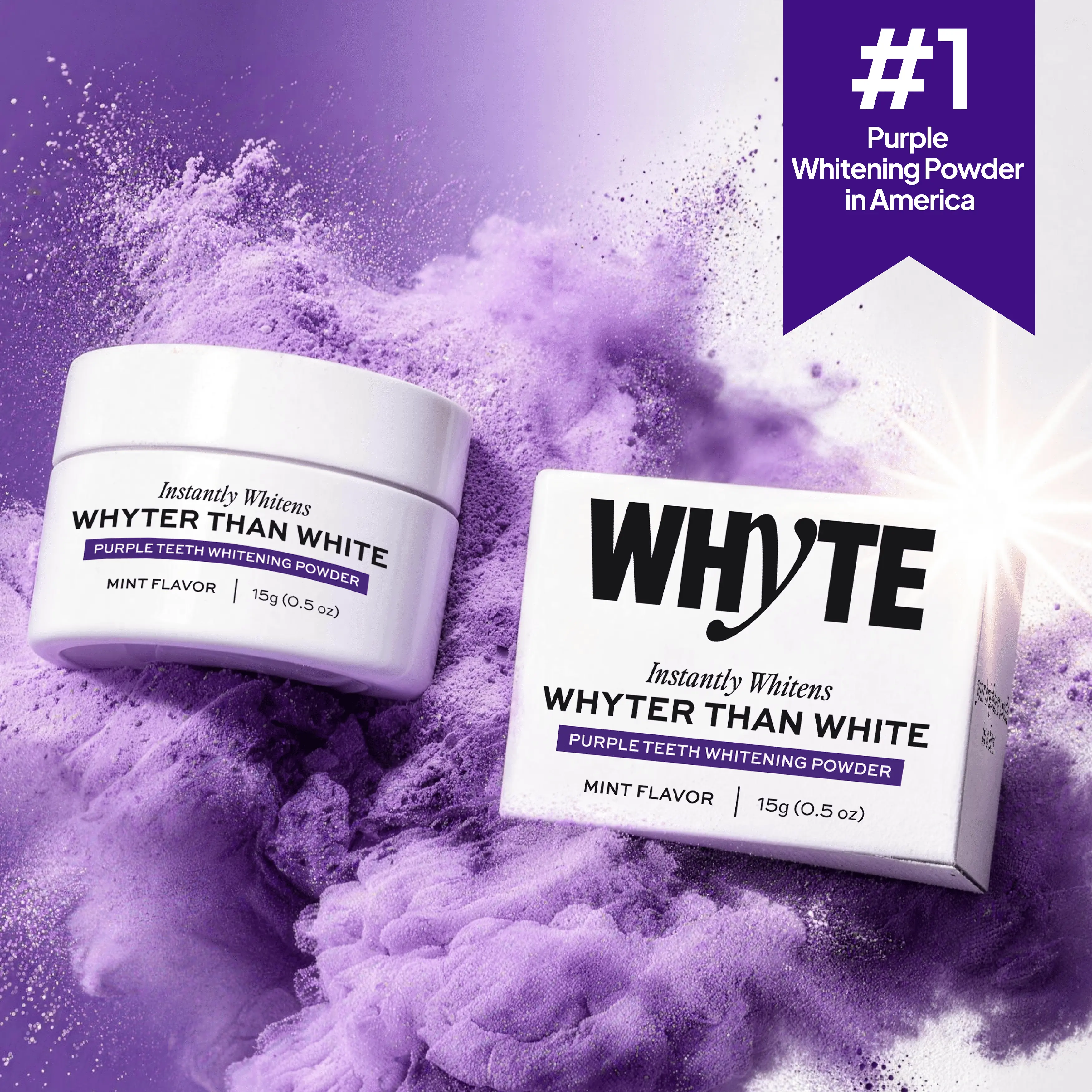 WHYTE Purple Remineralizing Tooth Powder - Sensitive, Single Item, Maximum Stain Removal, Hydroxyapatite, Xylitol, Instant Results, Peroxide & Fluoride Free, Organic Mint Flavor, 15g (Hydroxyapatite Toothpaste Alternative), Teeth Brightening Booster, Oral