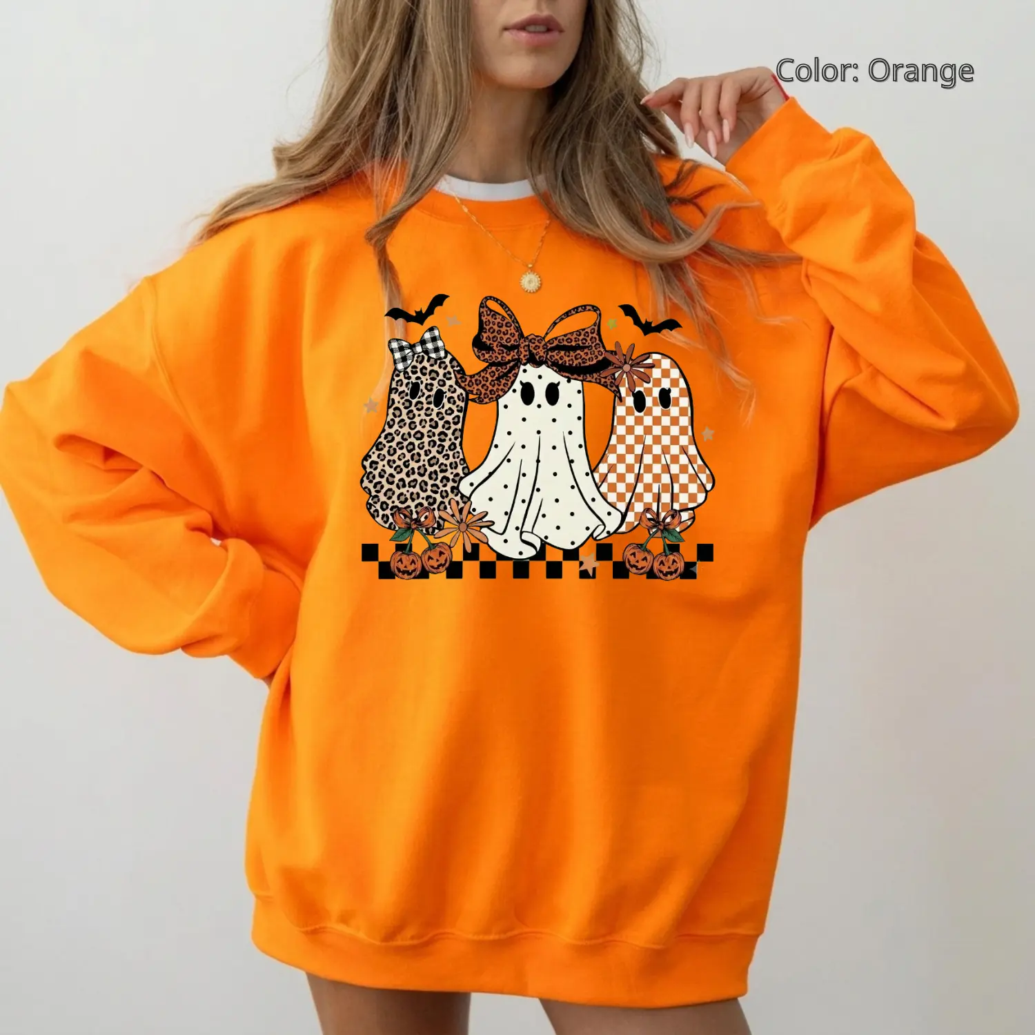 Halloween Ghost Bow Sweatshirt, Cute Spooky Ghosts Graphic Crewneck, Pumpkin Bow Fall Sweatshirt, Retro Halloween Pullover, Cute Ghost Lover Gift