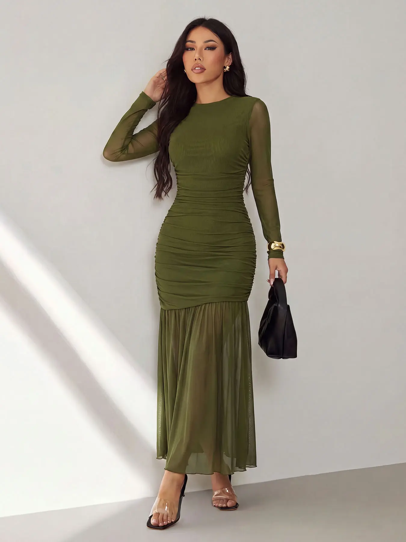 Women's Y2K Dress, Elegant Party Long Sleeve Spring Fall Round Neck Slim Fit Fashion Solid Color Long Dress, Casual Dress for Daily Wear Womenswear Summer Basic