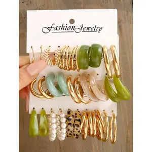 Faux Pearl Decorated Hoop Earrings, 15 Pairs Elegant Colorblock Design Fashionable Hoop Earrings, Fashion Accessories For Women