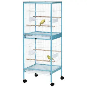 55" 2-in-1 Convertible Rolling Bird Cage Aviary, Light Blue Parakeet House with Divider Panel, Large Indoor Flight Habitat for Small Birds (Breeding & Group Play)