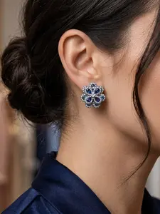 Blue Crystal Flower Earrings, Silver Color Studs, Rhinestone Embellished, Elegant Women's Jewelry, Perfect for Parties and Gifts