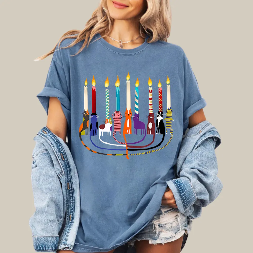 Cat Menorah Hanukkah Sweater, Funny Holiday Chanukah Tshirt, Cat Mom Jewish Shirt, Festive Mazel Tov Tee, Cotton Crewneck Shirt Womenswear Sweatshirt