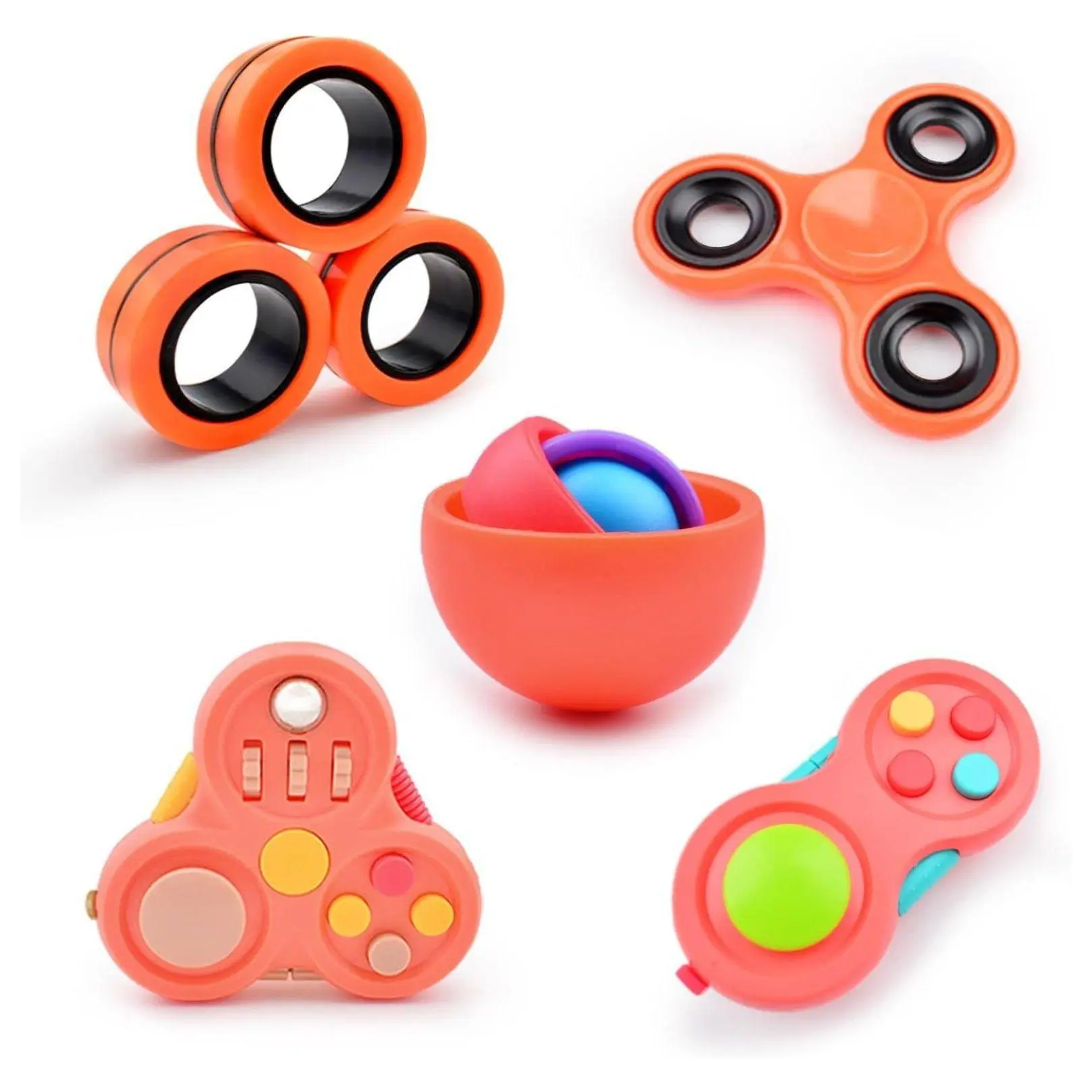 Fidget Spinner 5 Pack with Magnetic Rings, ADHD Anxiety Relief Toys for Adults & Teens, Gyro Desk Fidgets for Stress Reduction, Easter Basket Stuffers Orange