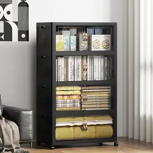 424QT/106Gal Stackable Storage Bins with a Lid, Collapsible Storage Bins With Doors, Folding Cabinet for  Closet Organization,4 Pack-26 W x 16.5" D x 57.1" H Black