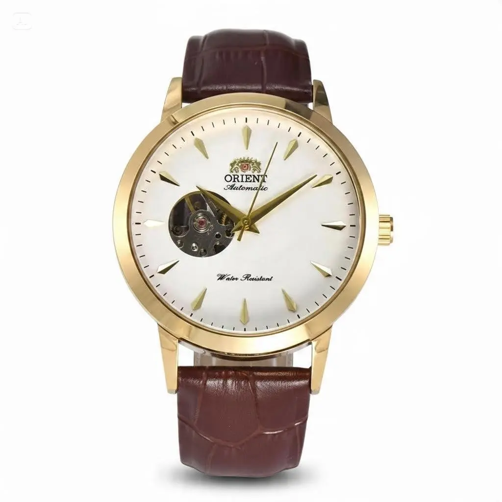 Orient Men's Automatic Skeleton Mechanical Watch - Gold-Tone Case, White Dial, Partial Open-Heart Movement, Brown Crocodile-Embossed Leather Strap, Water Resistant, Classic Business Casual Dress Timepiece, Premium Self-Winding Gift for Men