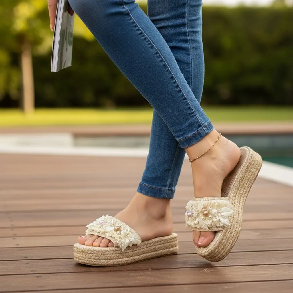 YRMODA Women's Bohemian Open-Toed Platform Sandals, Handcrafted Jute Footwear with Braid, Handcrafted Floral Embellishments & Elegant Pearls, Easy Slip-On Design, 3cm Cushioned Sole, Natural Beach Casual Style