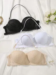 3 Piece Strapless Romantic Lace Underwire Bra Set, Removable Halter Neck Design, Comfortable Breathable Multi-Functional Lingerie, Silicone Side Wings for Skin-Friendly Fit, Perfect for Off-Shoulder & Backless, Wedding Season & Valentine's Day