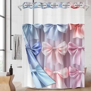 1PC/4PCS 2D Flat Printing Pink, Blue and Purple Bow Combination Patterned shower curtain, home bathroom decor, shower curtain set with 12 hooks, non-slip bathroom rug, U-shaped toilet seat cover, toilet seat mat.