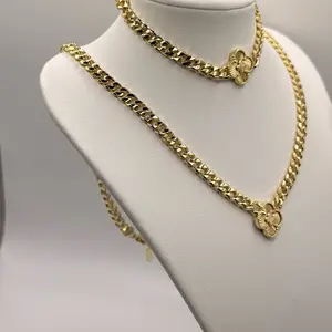 Gold Chain Bracelet and Necklace Set with Flower Pendant for Women