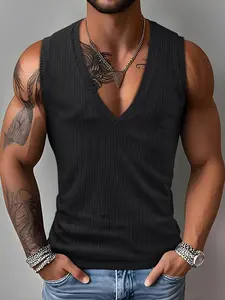Men's Soft Skin-Friendly Elastic Fabric Deep V-Neck Sleeveless Fashion Outdoor Sports Top, Comfortable and Stylish Athletic Wear