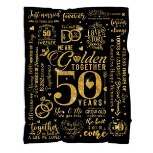 50th Golden Anniversary Letter Throw Blanket for Parents, Modern Couple Gift, 60x50in Soft Bedding Linen (Multi-Size Option)