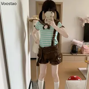 Japanese Kawaii Lolita Sweet 2 Piece Set Women Cute Cat Paw Bow Striped T-shirt Cartoon Bear Strap Shorts Girls Korean  Suits