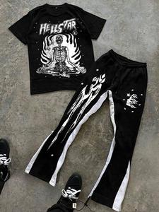 men's letter & skull print tee & sweatpants set, loose round neck short sleeve t-shirt & jogger pants, casual fashion cozy breathable men two-piece outfits for all seasons