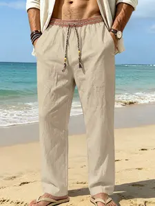 2026 Summer Men's Lightweight Cotton Linen Casual Pants, Chinese Style Loose Straight Leg Hemp Pants, Ethnic Drawstring Breathable Nine-Piece Set