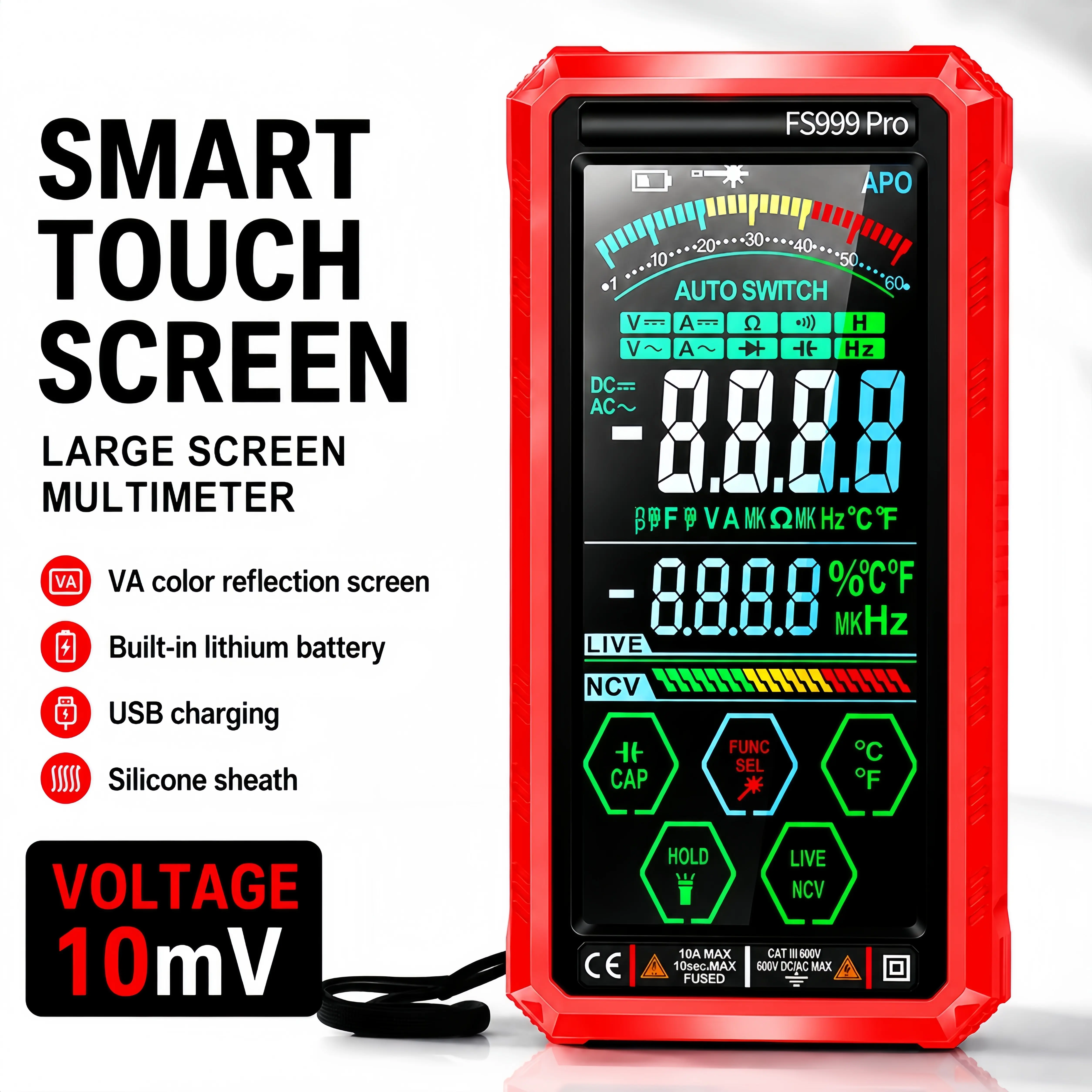 ADESKE Smart Digital Multimeter with Color Touchscreen | Laser Positioning & Built-in Flashlight, Shock-Resistant Silicone Protective Case – Ideal for Electricians and Home Repairs