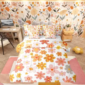 Feelyou 7-Piece Groovy Flower Comforter Bed Set - Queen Size, Vintage Floral Bedding, Geometric Hippie Funky Sheets, Breathable Lightweight Pastoral Fitted Sheet Set, Comforter Queen Size