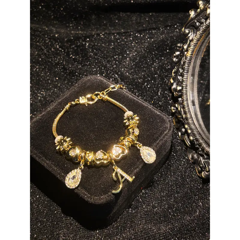 Gold Tone Snake Chain Initial Charm Bracelet for Women, Beaded Bracelet ...