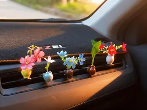Car Ceramic Vase Set – 5 Mini Thumb Vases with Flower Bouquet, Dual Design for Vent and Center Console, Includes Double-Sided Adhesive Pads