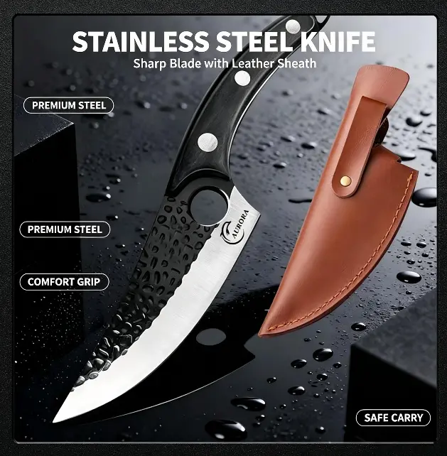 Cuchillo Chef De Cocina Forjado A Mano Con Funda De Cuero Marrón,Cuchillo de Chef de Cocina , Hacha de Carnicero, Cuchillo de Deshuesar con Funda, Cuchillo Forjado a Mano para Cortar Carne.
