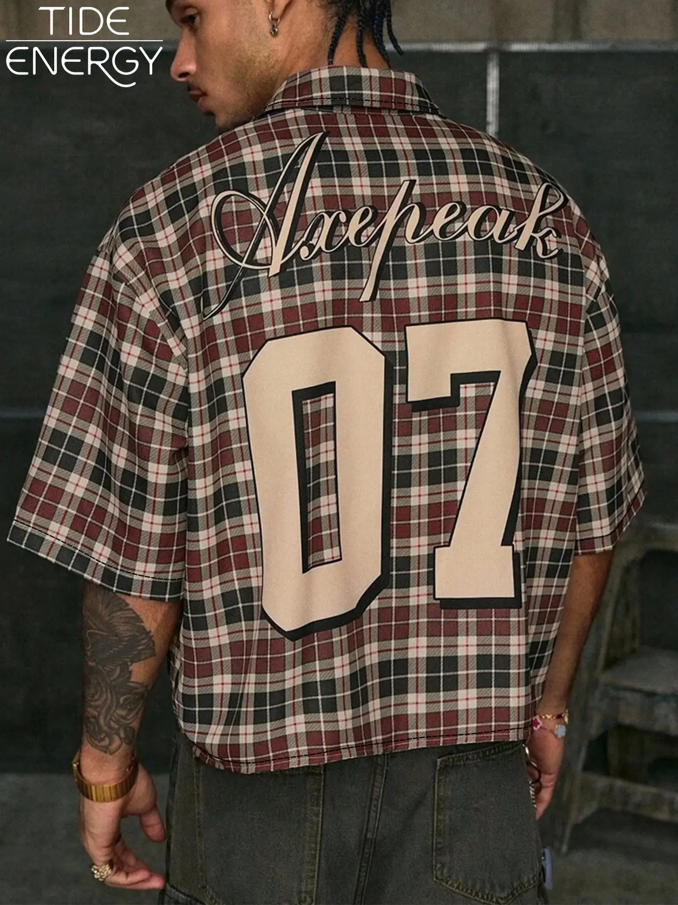 Vintage Checked Plaid Lapel Casual Shirt, Drop Shoulder Oversized Baggy Loose Fit, Back Floral English + Sporty Number Print, Breathable Woven Short Sleeve, Unisex Hip Hop Style