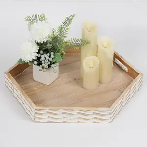 Farmhouse Wood Decorative Tray, Rustic Serving Tray, Tray for Ottoman, Coffee Table, Kitchen Counter, Crafts, Display (Hexagon Brown)