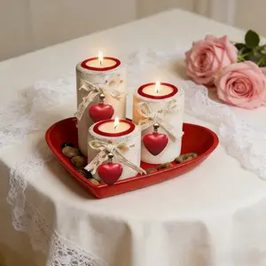 4pcs Heart-Shaped Wooden Candle Holders Set | Red and White Tealight Candles with Heart Tray, Rustic Lace Decor for Romantic Candlelight Dinner, Valentine'S Day Gift, Home Decor for Couples，Mother's Day gifts, Vintage Candle Stand