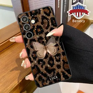 Leopard Butterfly Pattern Straight Edge Phone Case Compatible with Galaxy S23 Ultra S24 Plus S25 S22+ Shockproof Full Camera Protection Durable Slim Liquid Silicone Cover Smartphone Casing