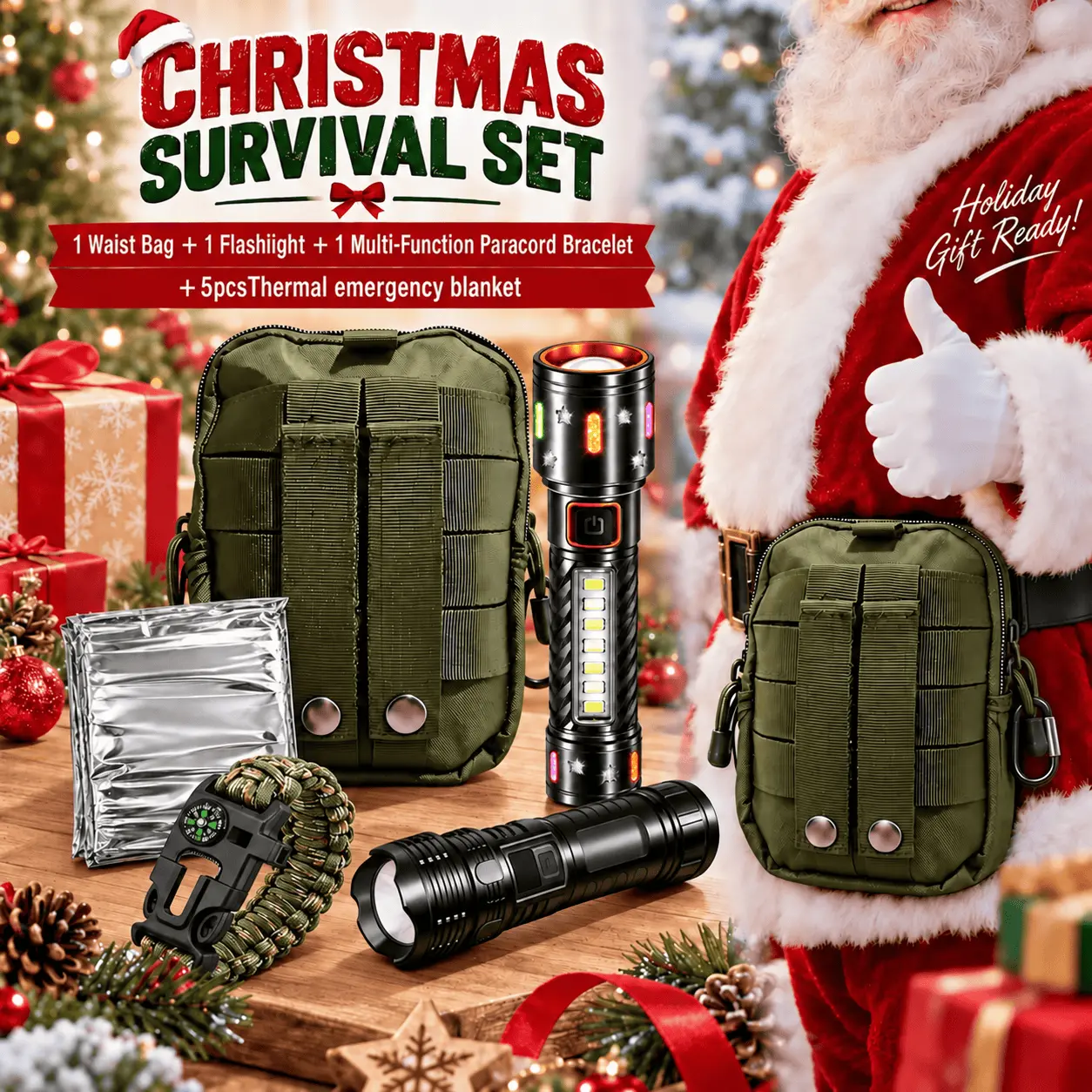 Survival Equipment Set Men'S Super Bright Flashlight Set And Outdoor Tools Great-Value Thermal Emergency Blanket Set Father'S Day Gift For Dad Husband Boyfriend - Essential Items For Camping Hunting Fishing Survival Hiking Adventure 3/5pcs