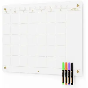 Glass Golden Monthly Dry Erase Calendar Whiteboard for Wall, 17" x 23", Frameless Large Monthly Planner Menu White Board for  Kitchen, Office, 4 Wet Erase Markers Included,
