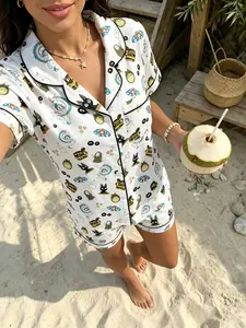 Japanese Anime Forest Fairy Print Pajama Set, Women's Summer Lightweight Two-Piece Sleepwear, Cute Cartoon Fitted