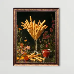 Moody Kitchen Print Fun Snack Prints Funny Still Life Printing, Bar Cart Art Fancy Martini Glass Art, Whimsical Food Wall Art, French Fries, Room Decor, Unframed