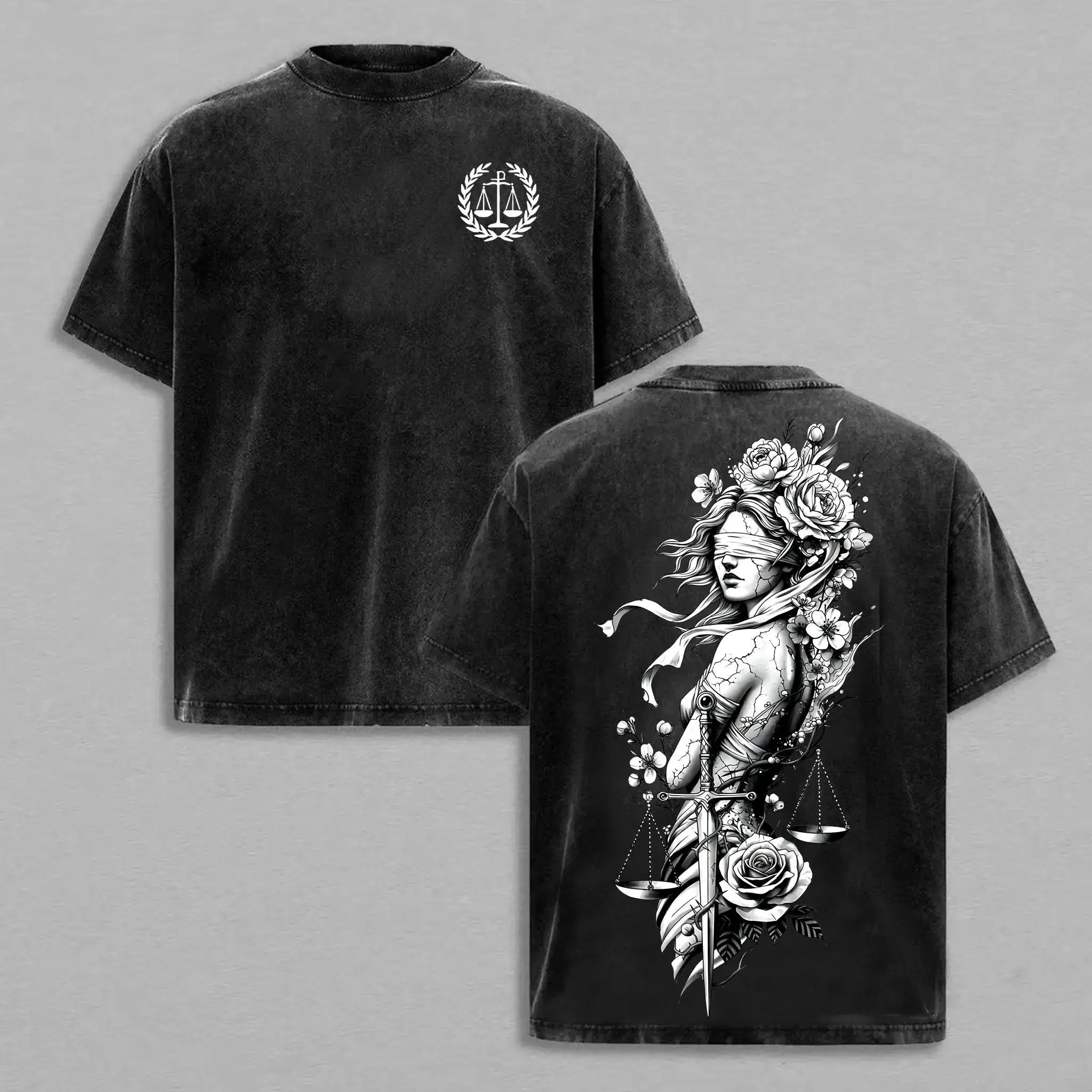 Lady Justice Vintage Washed Tee, Unisex Oversized Heavyweight Cotton T-shirt with Blindfolded Justice Sword & Scales Art Balance & Power Theme Balance & Power Theme Grunge Aesthetic Round Neck Streetwear Menswear Top