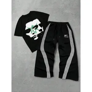 Men's Casual Loose-Fit Short Sleeve T-Shirt Set, Street Style Graphic Print Drawstring Waist Pants, All-Season Comfortable Wear, Clothes