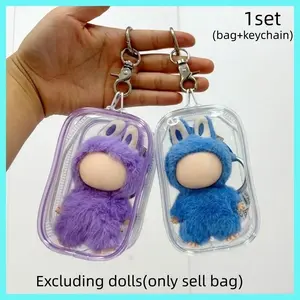 Labubu PVC Transparent Doll Storage Bag, Adjustable Strap, Heart Keychain, Dual Zipper, Multi-Use, Christmas Valentine Gift, Multiple Colors