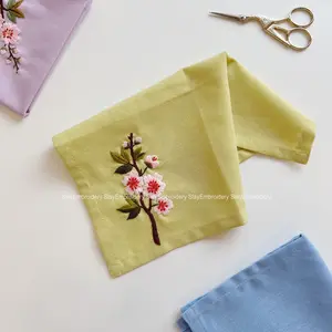 Cherry Blossoms Hand-Embroidery Linen Handkerchief Custom Wild Flowers Handkerchief Women Embroidery Handkerchiefs