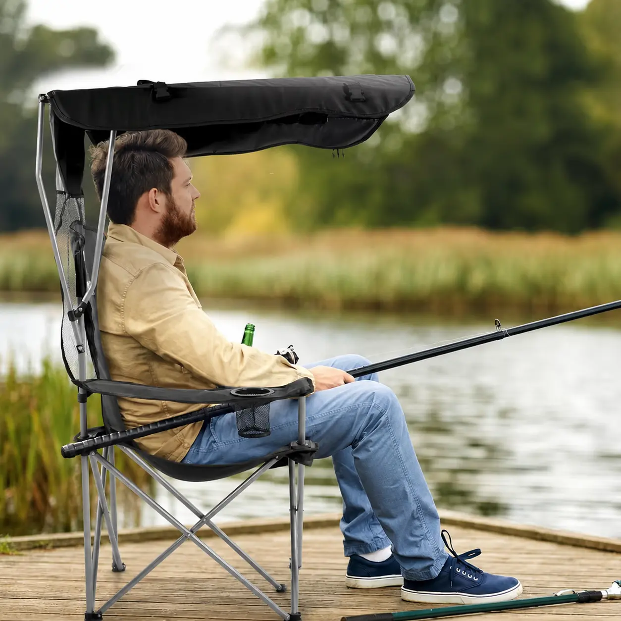 【Summer Vibes】 Upgraded Wide Folding Lawn Chair with Adjustable Sunshade, Portable Camping Chair for Beach, Fishing & Sports, Includes 2 Cup Holders & Storage Bag