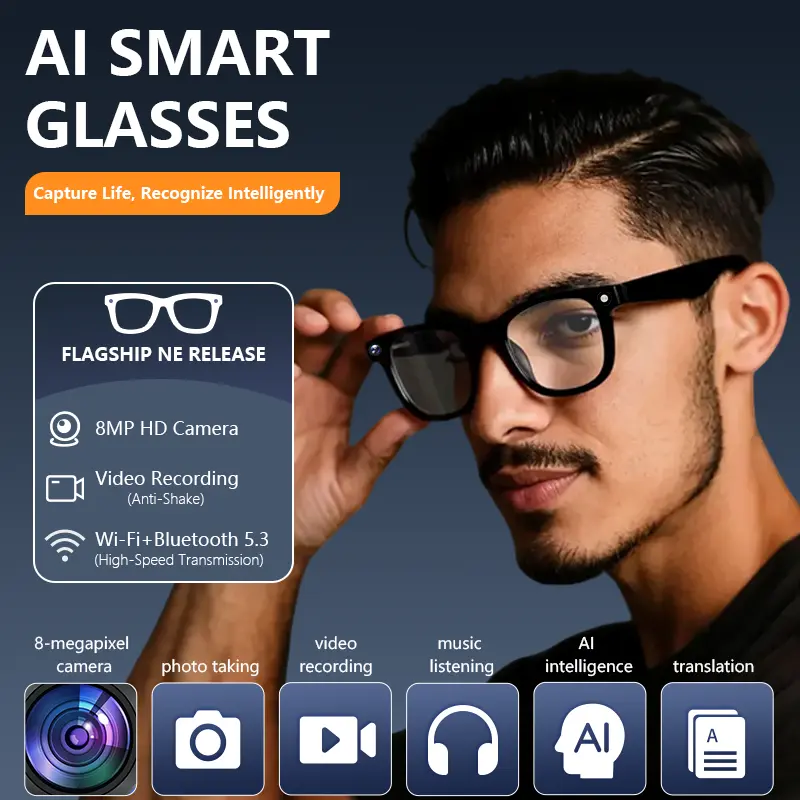 Unisex Adults Wearable Oval AI Smart Glasses with 8MP HD Camera, Video Recording, Dual-Mic Noise Reduction, Bluetooth 5.3, Real-Time Translation, UV/Blue Light Protection, 2 Extra Lenses, Anti-Lost Device, Casual Sport Strap - Ideal for Work, Fitness